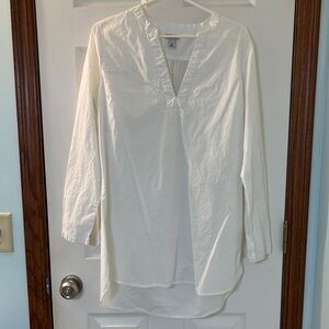 L.L. Bean Sheer White 100% Cotton Tunic w/ Floral Trim at Neckline Women’s Lg